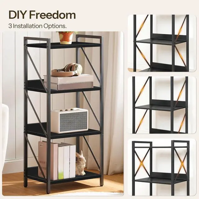 Alt view image 7 of 7 - Bookshelf, 4-Tier Industrial Bookcase, Book Shelf Storage Organizer, Small Bookshelf with Metal Frame for Living Room, Bedroom, Home Office, Kitchen, Black BB40SJ01