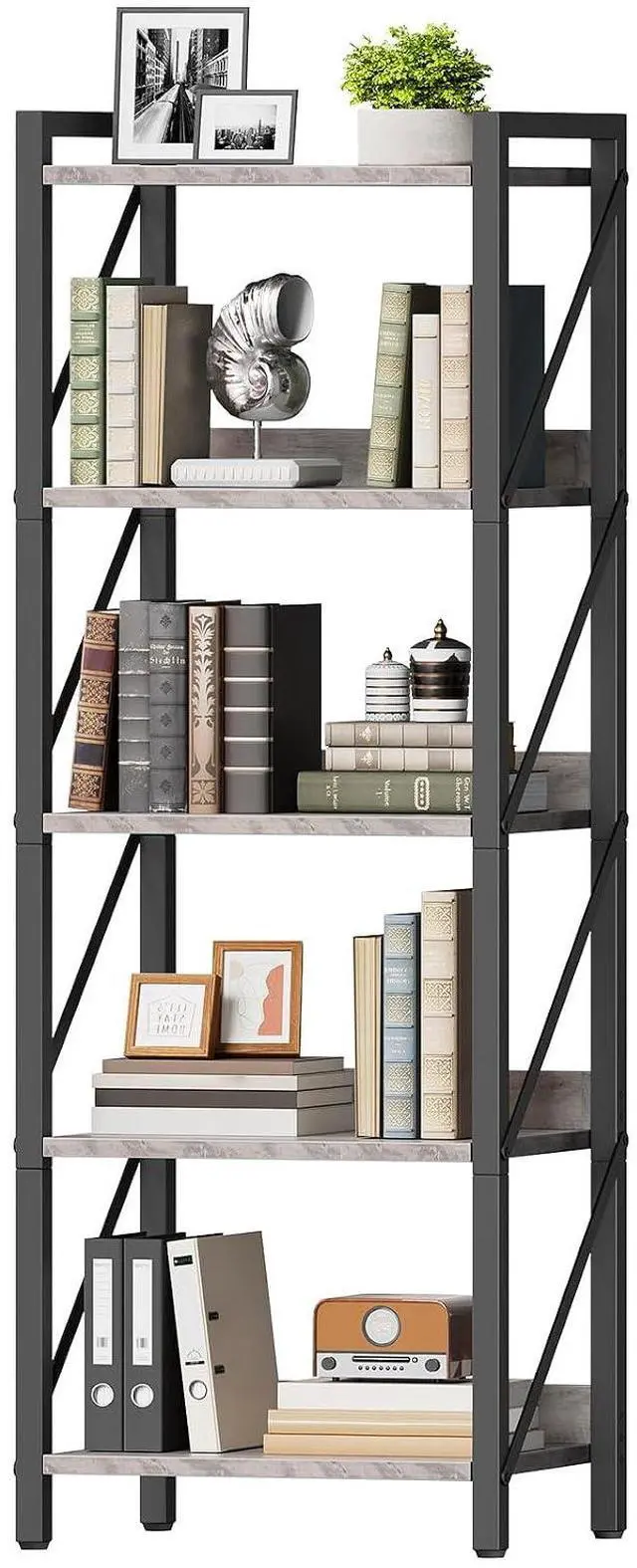 Main image of Bookshelf, 5-Tier Industrial Bookcase, Book Shelf Storage Organizer, Tall Bookshelf with Metal Frame for Living Room, Bedroom, Home Office, Kitchen, Greige and Black BG73SJ01