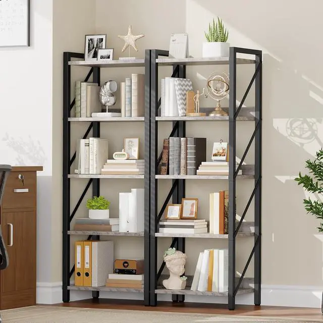 Alt view image 2 of 7 - Bookshelf, 5-Tier Industrial Bookcase, Book Shelf Storage Organizer, Tall Bookshelf with Metal Frame for Living Room, Bedroom, Home Office, Kitchen, Greige and Black BG73SJ01