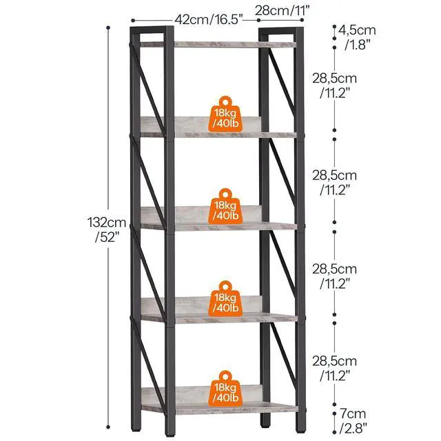 Alt view image 3 of 7 - Bookshelf, 5-Tier Industrial Bookcase, Book Shelf Storage Organizer, Tall Bookshelf with Metal Frame for Living Room, Bedroom, Home Office, Kitchen, Greige and Black BG73SJ01