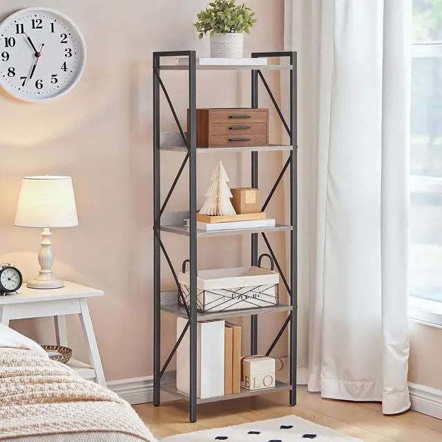 Alt view image 4 of 7 - Bookshelf, 5-Tier Industrial Bookcase, Book Shelf Storage Organizer, Tall Bookshelf with Metal Frame for Living Room, Bedroom, Home Office, Kitchen, Greige and Black BG73SJ01