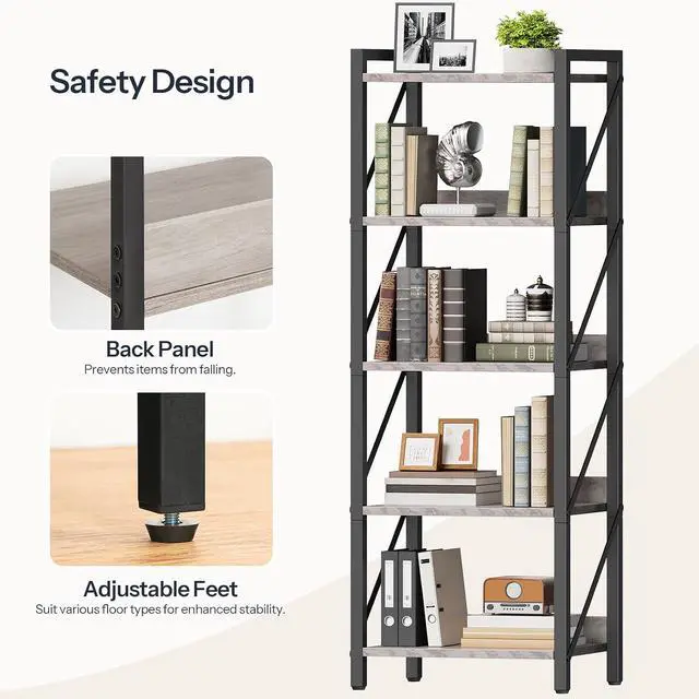 Alt view image 6 of 7 - Bookshelf, 5-Tier Industrial Bookcase, Book Shelf Storage Organizer, Tall Bookshelf with Metal Frame for Living Room, Bedroom, Home Office, Kitchen, Greige and Black BG73SJ01