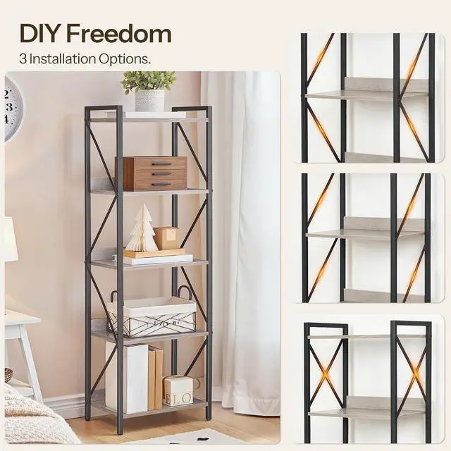 Alt view image 7 of 7 - Bookshelf, 5-Tier Industrial Bookcase, Book Shelf Storage Organizer, Tall Bookshelf with Metal Frame for Living Room, Bedroom, Home Office, Kitchen, Greige and Black BG73SJ01