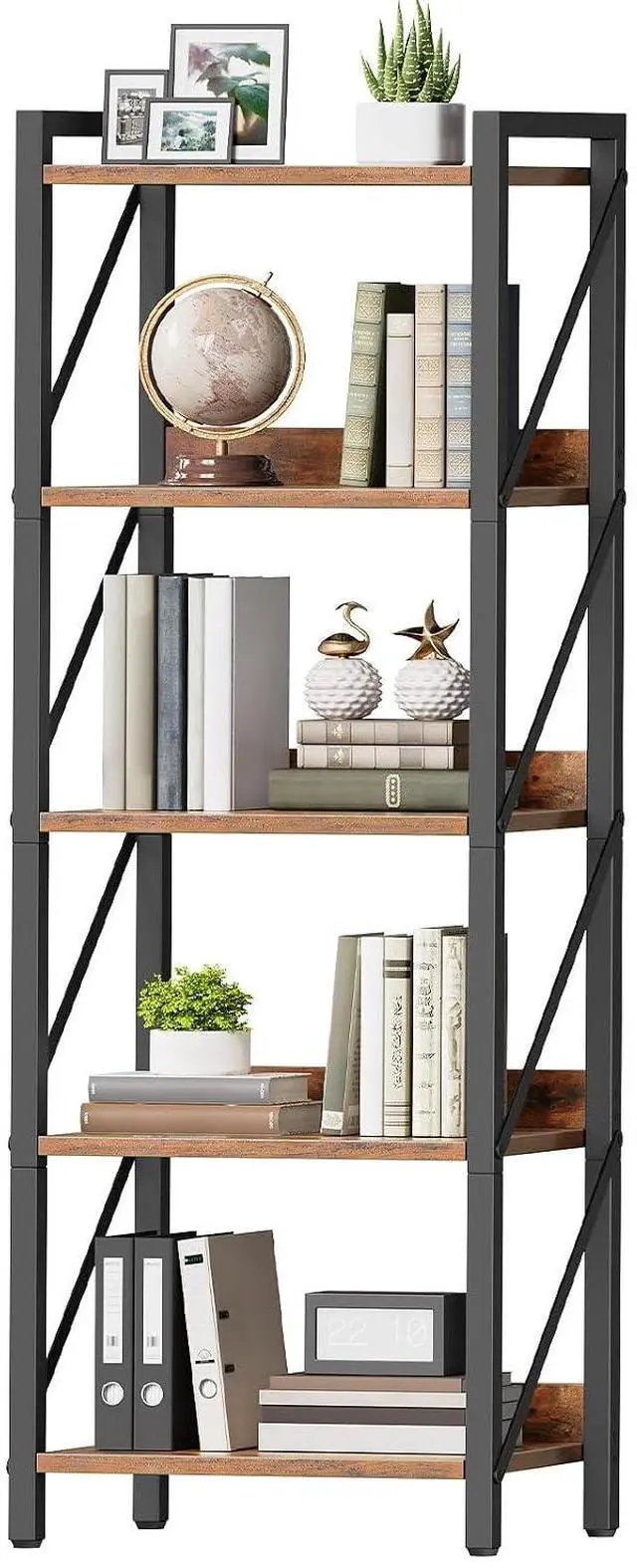 Main image of Bookshelf, 5-Tier Industrial Bookcase, Book Shelf Storage Organizer, Tall Bookshelf with Metal Frame for Living Room, Bedroom, Home Office, Kitchen, Rustic Brown and Black BF73SJ01