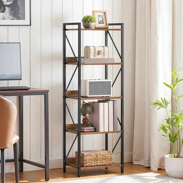 Alt view image 2 of 7 - Bookshelf, 5-Tier Industrial Bookcase, Book Shelf Storage Organizer, Tall Bookshelf with Metal Frame for Living Room, Bedroom, Home Office, Kitchen, Rustic Brown and Black BF73SJ01