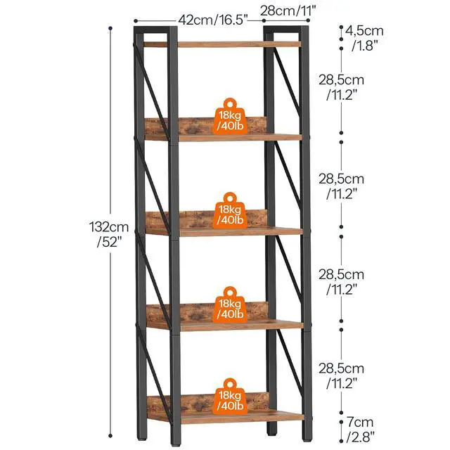 Alt view image 3 of 7 - Bookshelf, 5-Tier Industrial Bookcase, Book Shelf Storage Organizer, Tall Bookshelf with Metal Frame for Living Room, Bedroom, Home Office, Kitchen, Rustic Brown and Black BF73SJ01