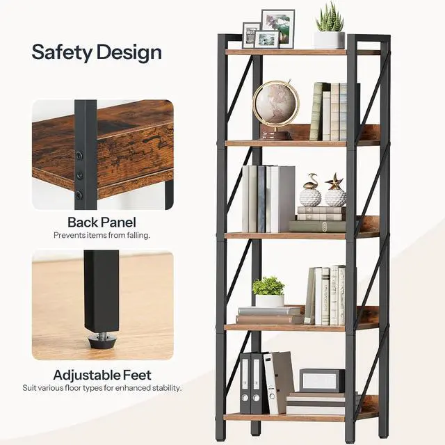 Alt view image 5 of 7 - Bookshelf, 5-Tier Industrial Bookcase, Book Shelf Storage Organizer, Tall Bookshelf with Metal Frame for Living Room, Bedroom, Home Office, Kitchen, Rustic Brown and Black BF73SJ01