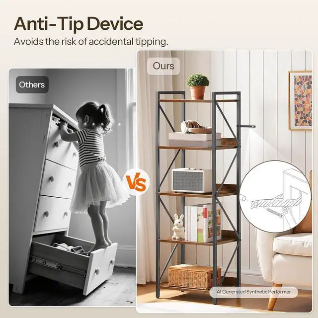 Alt view image 6 of 7 - Bookshelf, 5-Tier Industrial Bookcase, Book Shelf Storage Organizer, Tall Bookshelf with Metal Frame for Living Room, Bedroom, Home Office, Kitchen, Rustic Brown and Black BF73SJ01
