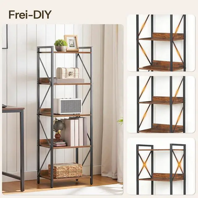 Alt view image 7 of 7 - Bookshelf, 5-Tier Industrial Bookcase, Book Shelf Storage Organizer, Tall Bookshelf with Metal Frame for Living Room, Bedroom, Home Office, Kitchen, Rustic Brown and Black BF73SJ01