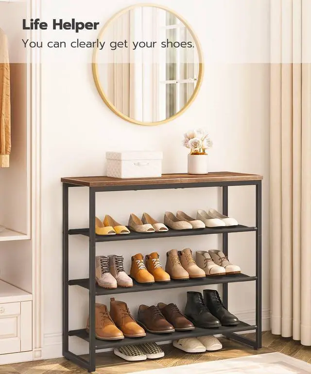 Alt view image 3 of 7 - Shoe Rack, 4 Tier Shoe Storage Organizer with 3 Oxford Fabric Shelves and Top Panel, Holds 12-16 Pairs of Shoes for Entryway and Closet, Industrial, Rustic Brown BF47XJ01G1