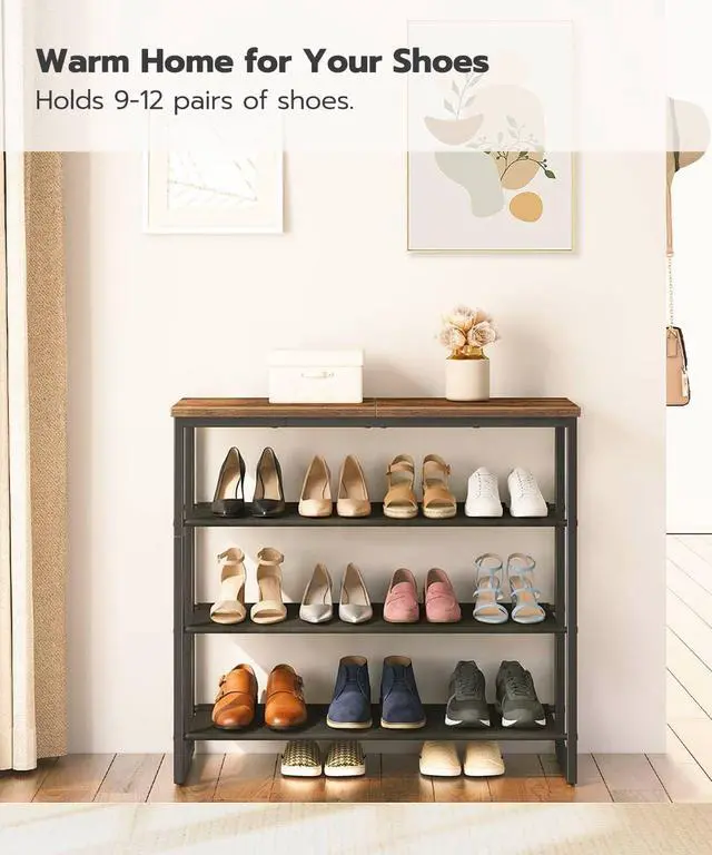 Alt view image 4 of 7 - Shoe Rack, 4 Tier Shoe Storage Organizer with 3 Oxford Fabric Shelves and Top Panel, Holds 12-16 Pairs of Shoes for Entryway and Closet, Industrial, Rustic Brown BF47XJ01G1