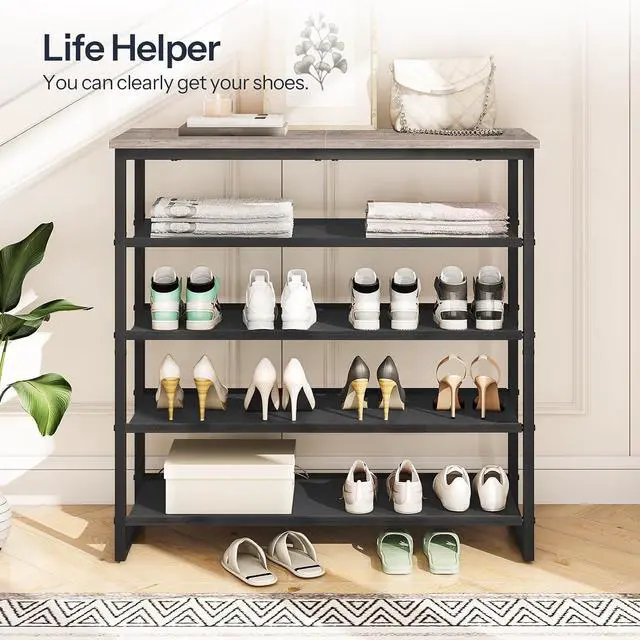 Alt view image 3 of 7 - Shoe Rack, 5 Tier Shoe Storage Organizer with 4 Oxford Fabric Shelves and Top Panel, Holds 16-20 Pairs of Shoes, for Entryway and Closet, Industrial, Greige and Black BG50XJ01