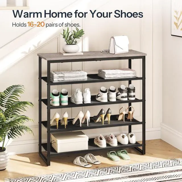 Alt view image 5 of 7 - Shoe Rack, 5 Tier Shoe Storage Organizer with 4 Oxford Fabric Shelves and Top Panel, Holds 16-20 Pairs of Shoes, for Entryway and Closet, Industrial, Greige and Black BG50XJ01