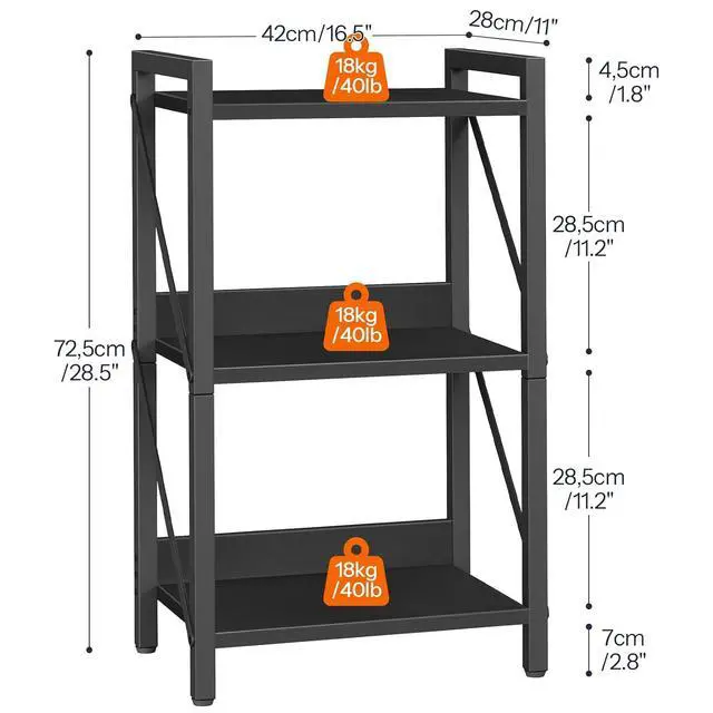 Alt view image 3 of 7 - Bookshelf, 3-Tier Industrial Bookcase, Book Shelf Storage Organizer, Small Bookshelf with Metal Frame for Living Room, Bedroom, Home Office, Kitchen, Black BB71SJ01