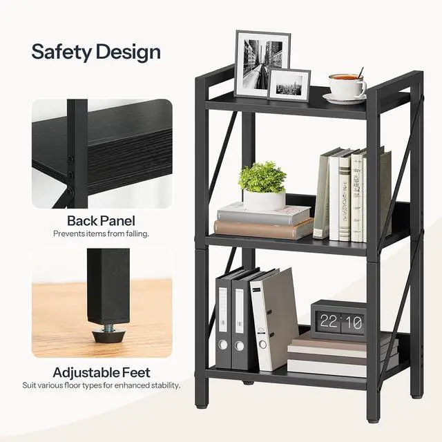 Alt view image 5 of 7 - Bookshelf, 3-Tier Industrial Bookcase, Book Shelf Storage Organizer, Small Bookshelf with Metal Frame for Living Room, Bedroom, Home Office, Kitchen, Black BB71SJ01