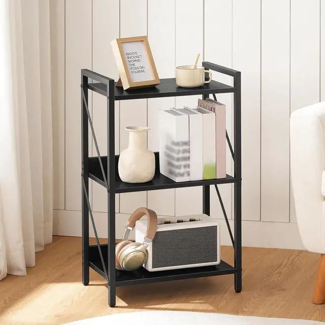 Alt view image 7 of 7 - Bookshelf, 3-Tier Industrial Bookcase, Book Shelf Storage Organizer, Small Bookshelf with Metal Frame for Living Room, Bedroom, Home Office, Kitchen, Black BB71SJ01
