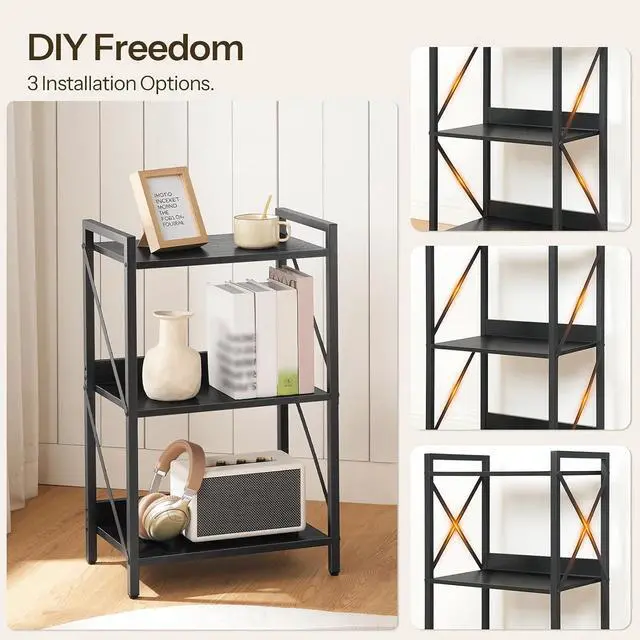 Alt view image 6 of 7 - Bookshelf, 3-Tier Industrial Bookcase, Book Shelf Storage Organizer, Small Bookshelf with Metal Frame for Living Room, Bedroom, Home Office, Kitchen, Black BB71SJ01