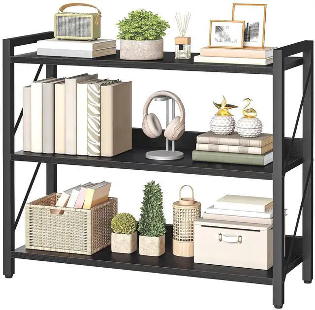 Main image of Bookshelf, 3-Tier Industrial Bookcase, Book Shelf Storage Organizer, Bookshelf with Metal Frame for Living Room, Bedroom, Home Office, Kitchen, Black BB718SJ01