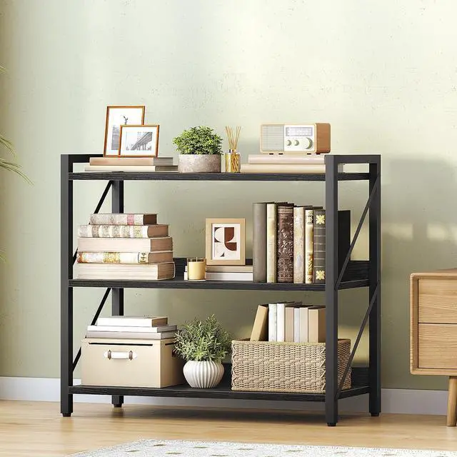 Alt view image 2 of 7 - Bookshelf, 3-Tier Industrial Bookcase, Book Shelf Storage Organizer, Bookshelf with Metal Frame for Living Room, Bedroom, Home Office, Kitchen, Black BB718SJ01