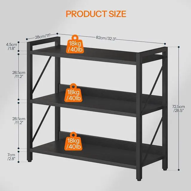 Alt view image 3 of 7 - Bookshelf, 3-Tier Industrial Bookcase, Book Shelf Storage Organizer, Bookshelf with Metal Frame for Living Room, Bedroom, Home Office, Kitchen, Black BB718SJ01