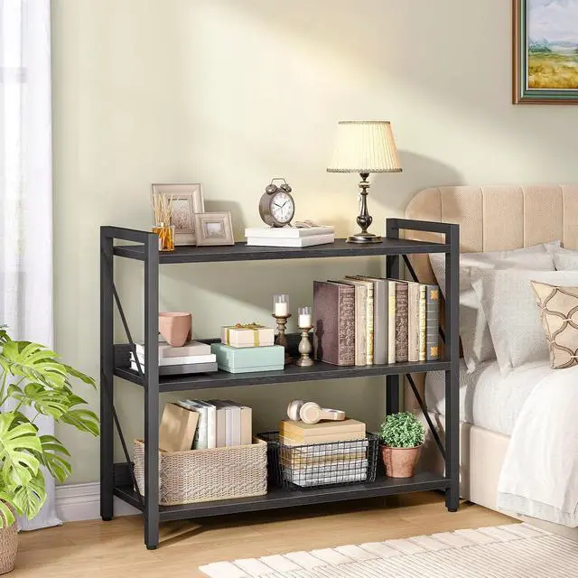 Alt view image 5 of 7 - Bookshelf, 3-Tier Industrial Bookcase, Book Shelf Storage Organizer, Bookshelf with Metal Frame for Living Room, Bedroom, Home Office, Kitchen, Black BB718SJ01