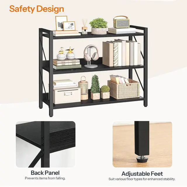 Alt view image 6 of 7 - Bookshelf, 3-Tier Industrial Bookcase, Book Shelf Storage Organizer, Bookshelf with Metal Frame for Living Room, Bedroom, Home Office, Kitchen, Black BB718SJ01