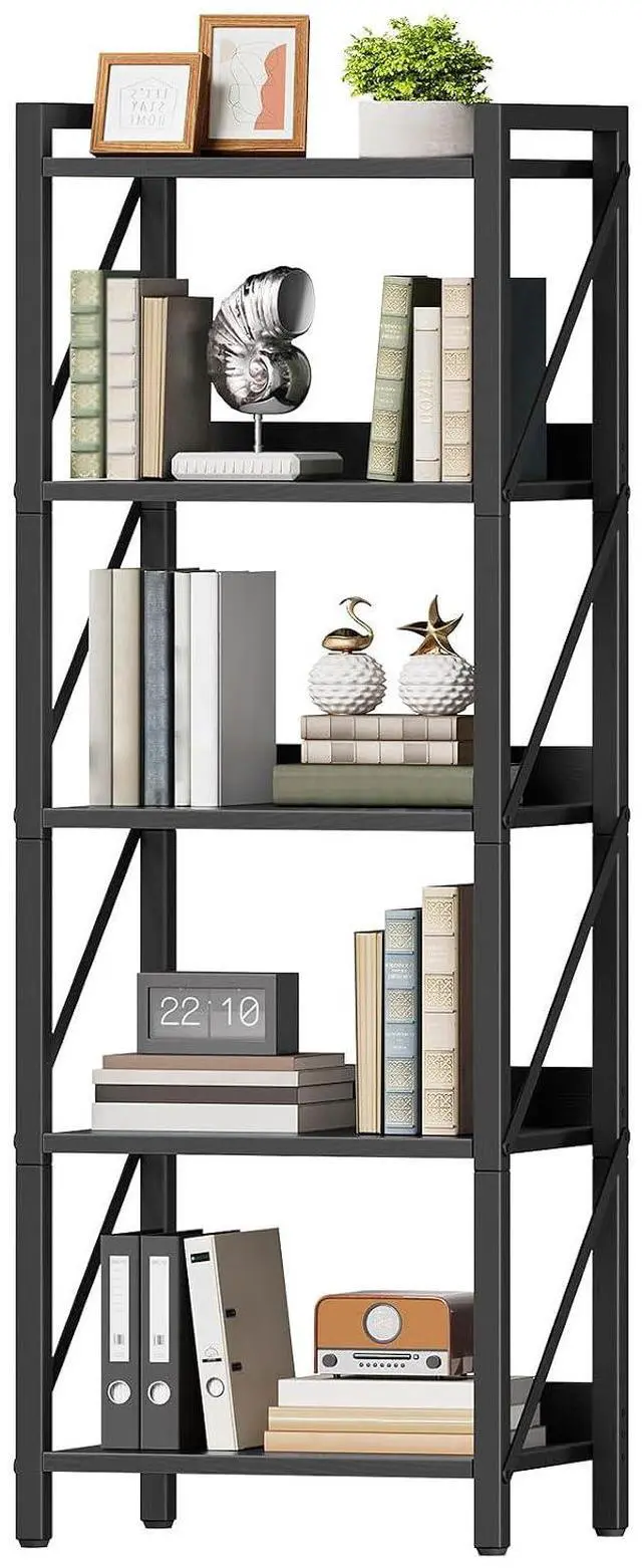 Main image of Bookshelf, 5-Tier Industrial Bookcase, Book Shelf Storage Organizer, Tall Bookshelf with Metal Frame for Living Room, Bedroom, Home Office, Kitchen, Black BB73SJ01