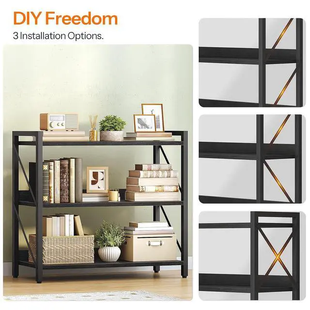 Alt view image 7 of 7 - Bookshelf, 3-Tier Industrial Bookcase, Book Shelf Storage Organizer, Bookshelf with Metal Frame for Living Room, Bedroom, Home Office, Kitchen, Black BB718SJ01