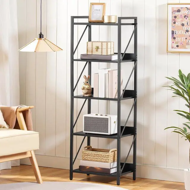 Alt view image 2 of 7 - Bookshelf, 5-Tier Industrial Bookcase, Book Shelf Storage Organizer, Tall Bookshelf with Metal Frame for Living Room, Bedroom, Home Office, Kitchen, Black BB73SJ01