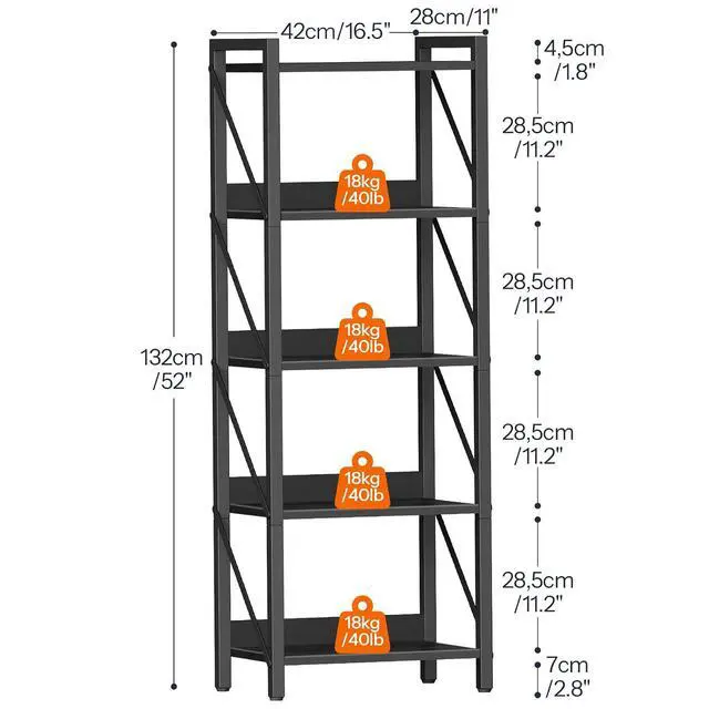 Alt view image 3 of 7 - Bookshelf, 5-Tier Industrial Bookcase, Book Shelf Storage Organizer, Tall Bookshelf with Metal Frame for Living Room, Bedroom, Home Office, Kitchen, Black BB73SJ01