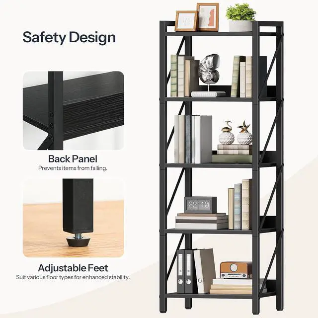Alt view image 6 of 7 - Bookshelf, 5-Tier Industrial Bookcase, Book Shelf Storage Organizer, Tall Bookshelf with Metal Frame for Living Room, Bedroom, Home Office, Kitchen, Black BB73SJ01