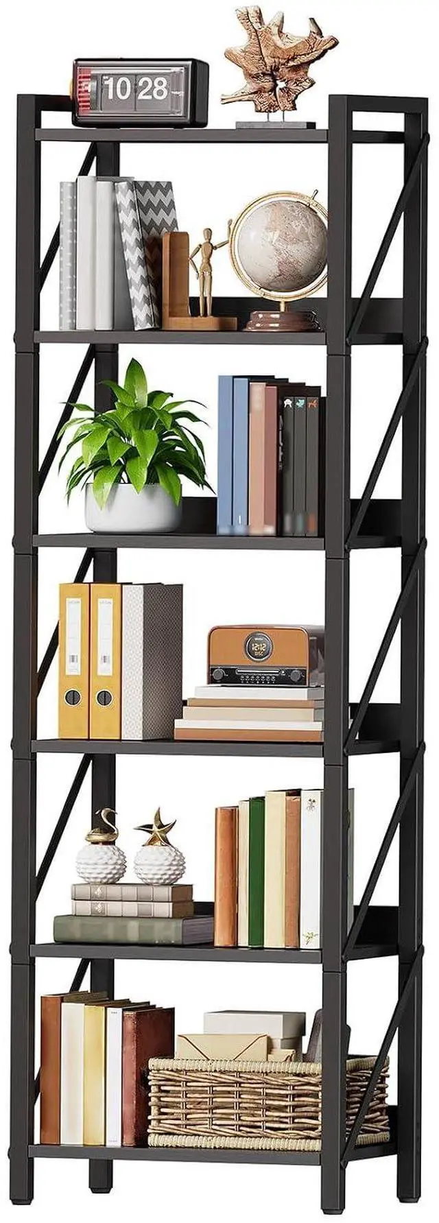 Main image of Bookshelf, 6-Tier Industrial Bookcase, Book Shelf Storage Organizer, Tall Bookshelf with Metal Frame for Living Room, Bedroom, Home Office, Kitchen, Black BB72SJ01