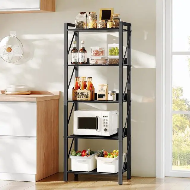 Alt view image 4 of 7 - Bookshelf, 5-Tier Industrial Bookcase, Book Shelf Storage Organizer, Tall Bookshelf with Metal Frame for Living Room, Bedroom, Home Office, Kitchen, Black BB73SJ01