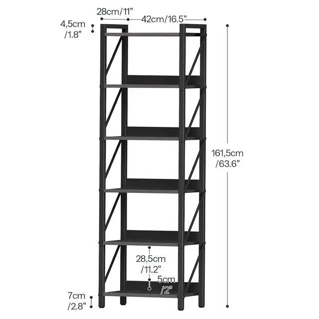 Alt view image 3 of 7 - Bookshelf, 6-Tier Industrial Bookcase, Book Shelf Storage Organizer, Tall Bookshelf with Metal Frame for Living Room, Bedroom, Home Office, Kitchen, Black BB72SJ01