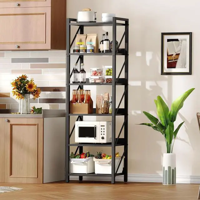 Alt view image 4 of 7 - Bookshelf, 6-Tier Industrial Bookcase, Book Shelf Storage Organizer, Tall Bookshelf with Metal Frame for Living Room, Bedroom, Home Office, Kitchen, Black BB72SJ01