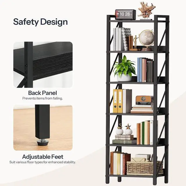Alt view image 6 of 7 - Bookshelf, 6-Tier Industrial Bookcase, Book Shelf Storage Organizer, Tall Bookshelf with Metal Frame for Living Room, Bedroom, Home Office, Kitchen, Black BB72SJ01