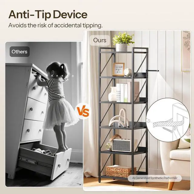 Alt view image 7 of 7 - Bookshelf, 6-Tier Industrial Bookcase, Book Shelf Storage Organizer, Tall Bookshelf with Metal Frame for Living Room, Bedroom, Home Office, Kitchen, Black BB72SJ01