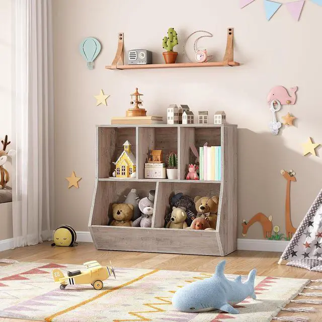 Alt view image 2 of 7 - Kids Bookshelf, Bookcase Footboard, Toy Storage Cubby, Children's Toy Shelf, 35.4" L Toy Storage Cabinet, Fit for Children's Room, Playroom, Hallway, Kindergarten, Greige BG32CW01