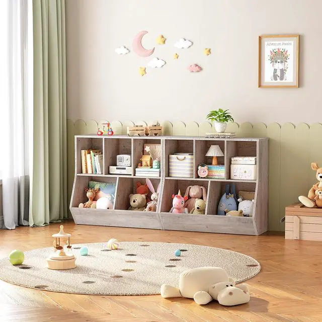 Alt view image 4 of 7 - Kids Bookshelf, Bookcase Footboard, Toy Storage Cubby, Children's Toy Shelf, 35.4" L Toy Storage Cabinet, Fit for Children's Room, Playroom, Hallway, Kindergarten, Greige BG32CW01