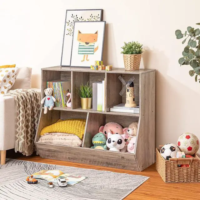 Alt view image 5 of 7 - Kids Bookshelf, Bookcase Footboard, Toy Storage Cubby, Children's Toy Shelf, 35.4" L Toy Storage Cabinet, Fit for Children's Room, Playroom, Hallway, Kindergarten, Greige BG32CW01