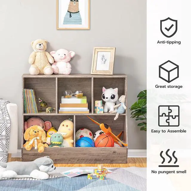 Alt view image 6 of 7 - Kids Bookshelf, Bookcase Footboard, Toy Storage Cubby, Children's Toy Shelf, 35.4" L Toy Storage Cabinet, Fit for Children's Room, Playroom, Hallway, Kindergarten, Greige BG32CW01