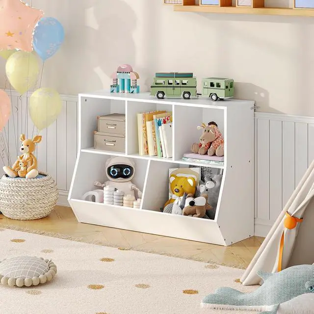 Alt view image 2 of 7 - Kids Bookshelf, Bookcase Footboard, Toy Storage Cubby, Children's Toy Shelf, 35.4" L Storage Cabinet, Fit for Children's Room, Playroom, Hallway, Kindergarten, White WT32CW01