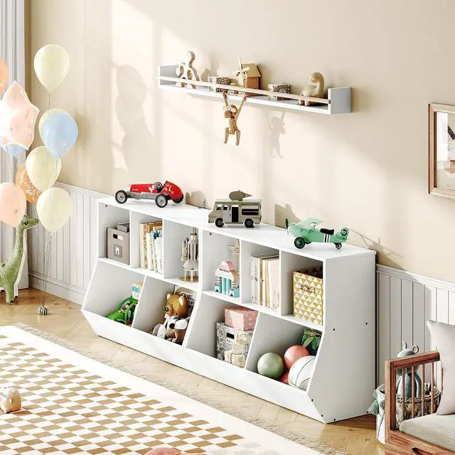 Alt view image 5 of 7 - Kids Bookshelf, Bookcase Footboard, Toy Storage Cubby, Children's Toy Shelf, 35.4" L Storage Cabinet, Fit for Children's Room, Playroom, Hallway, Kindergarten, White WT32CW01