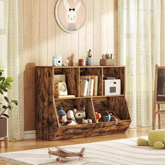Alt view image 2 of 7 - Kids Bookshelf, Bookcase Footboard, Toy Storage Cubby, Children's Toy Shelf, 39.4" L Toy Storage Cabinet, Fit for Children's Room, Playroom, Hallway, Kindergarten, Rustic Brown BF132CW01