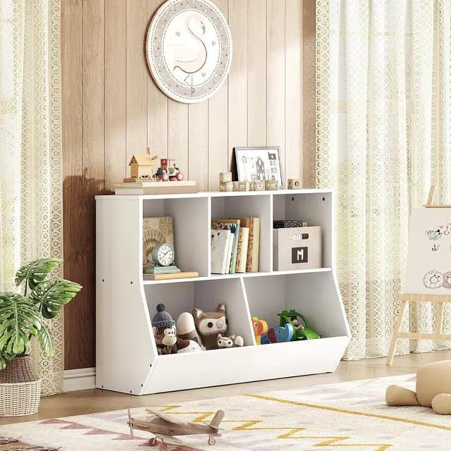 Alt view image 6 of 7 - Kids Bookshelf, Bookcase Footboard, Toy Storage Cubby, Children's Toy Shelf, 35.4" L Storage Cabinet, Fit for Children's Room, Playroom, Hallway, Kindergarten, White WT32CW01