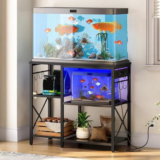 Main image of Fish Tank Stand with Power Outlet and LED Light, 20-29-37 Gallon Aquarium Stand with Storage Shelves, 30.7" L x 13.8" W, Reptile Tank Stand with Stable Metal Frame, Black BK80UDFT01G1
