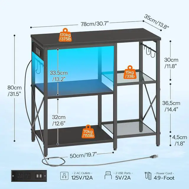 Alt view image 2 of 7 - Fish Tank Stand with Power Outlet and LED Light, 20-29-37 Gallon Aquarium Stand with Storage Shelves, 30.7" L x 13.8" W, Reptile Tank Stand with Stable Metal Frame, Black BK80UDFT01G1