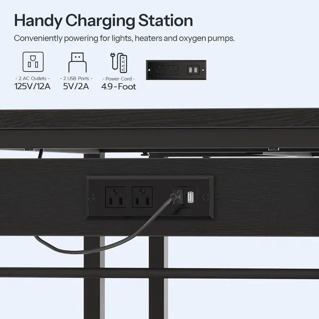 Alt view image 3 of 7 - Fish Tank Stand with Power Outlet and LED Light, 20-29-37 Gallon Aquarium Stand with Storage Shelves, 30.7" L x 13.8" W, Reptile Tank Stand with Stable Metal Frame, Black BK80UDFT01G1