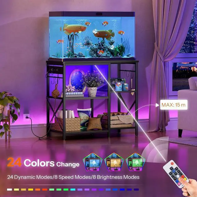 Alt view image 4 of 7 - Fish Tank Stand with Power Outlet and LED Light, 20-29-37 Gallon Aquarium Stand with Storage Shelves, 30.7" L x 13.8" W, Reptile Tank Stand with Stable Metal Frame, Black BK80UDFT01G1