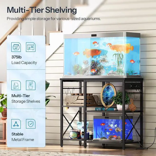 Alt view image 5 of 7 - Fish Tank Stand with Power Outlet and LED Light, 20-29-37 Gallon Aquarium Stand with Storage Shelves, 30.7" L x 13.8" W, Reptile Tank Stand with Stable Metal Frame, Black BK80UDFT01G1